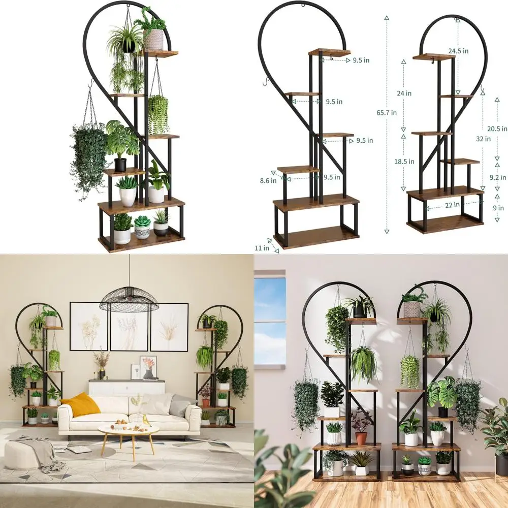 

6-Tier Half-Heart Ladder Plant Stand for Indoor Plants, Brown Metal Rack with Multiple Shelves