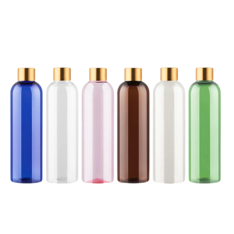 

20Pcs Refillable Plastic Bottle Round Shoulder 250ML Shiny Gold Lid With Inner Plug Portable Cosmetic Packing Container Bottles