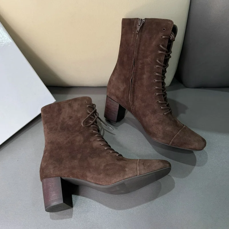

Осень-зима, новые женские ботильоны на массивном каблуке с квадратным носком, новые замшевые винтажные короткие ботинки на высоком каблуке со шнуровкой