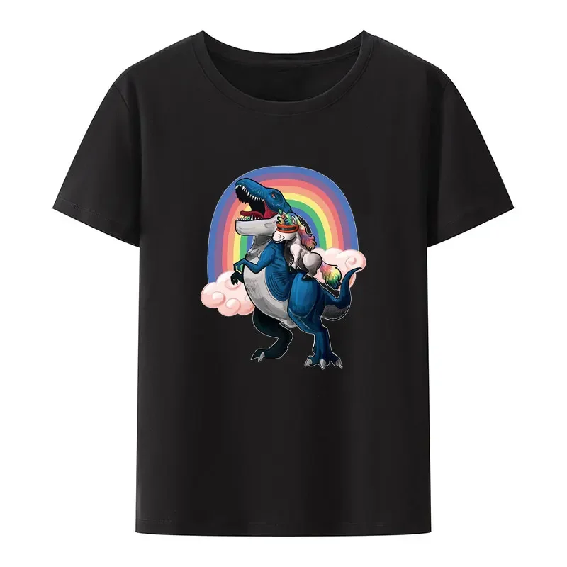 Funny Unicorns Riding T-Rex Dino Cartoon Cotton T Shirt Classic Anime Pattern Aesthetics Tops Women Short-sleev Hipster Shirt