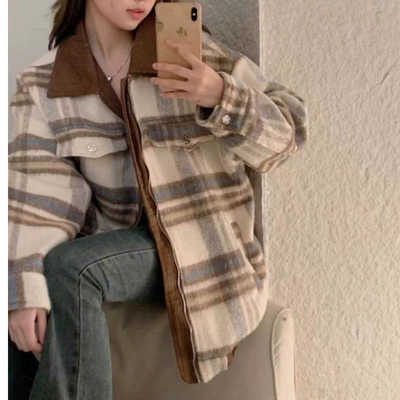 

Шерстяной пиджак в клетку для женщин, высококачественный, осенне-зимний, новый, в американском ретро-стиле, для пар, прямой крой, для повседневной носки