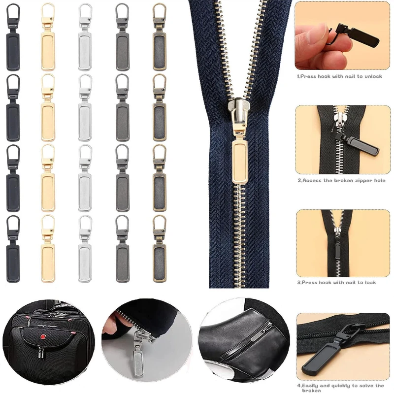 Destacável Metal Zipper Extrator Head Repair Kit, substituição Tab, Sliders, Malas, Sacos, Casaco, Vestuário, DIY, Costura Artesanato