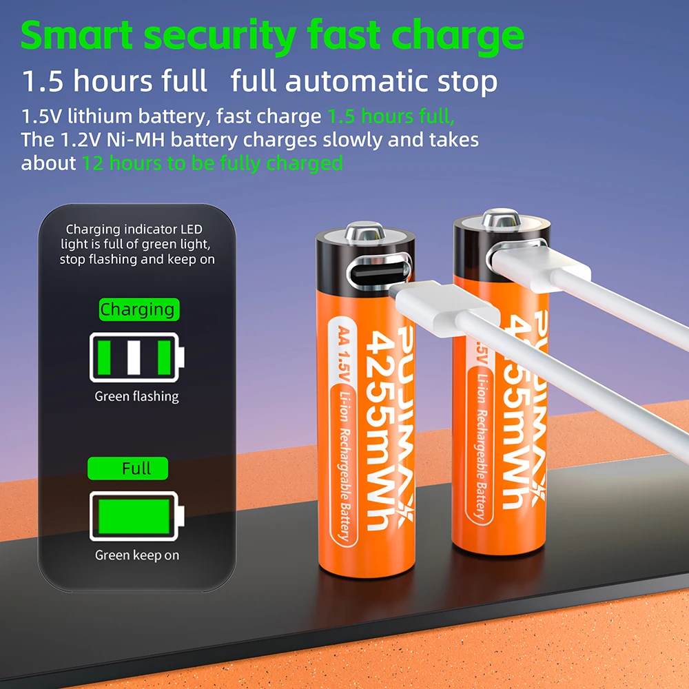 PUJIMAX Li-Ionen AAA AA Wiederaufladbare Batterien USB Lithium-Ionen 4255mWh 1,5V AA Wiederaufladbare Batterien+1100mWh 1,5V AAA Batterie
