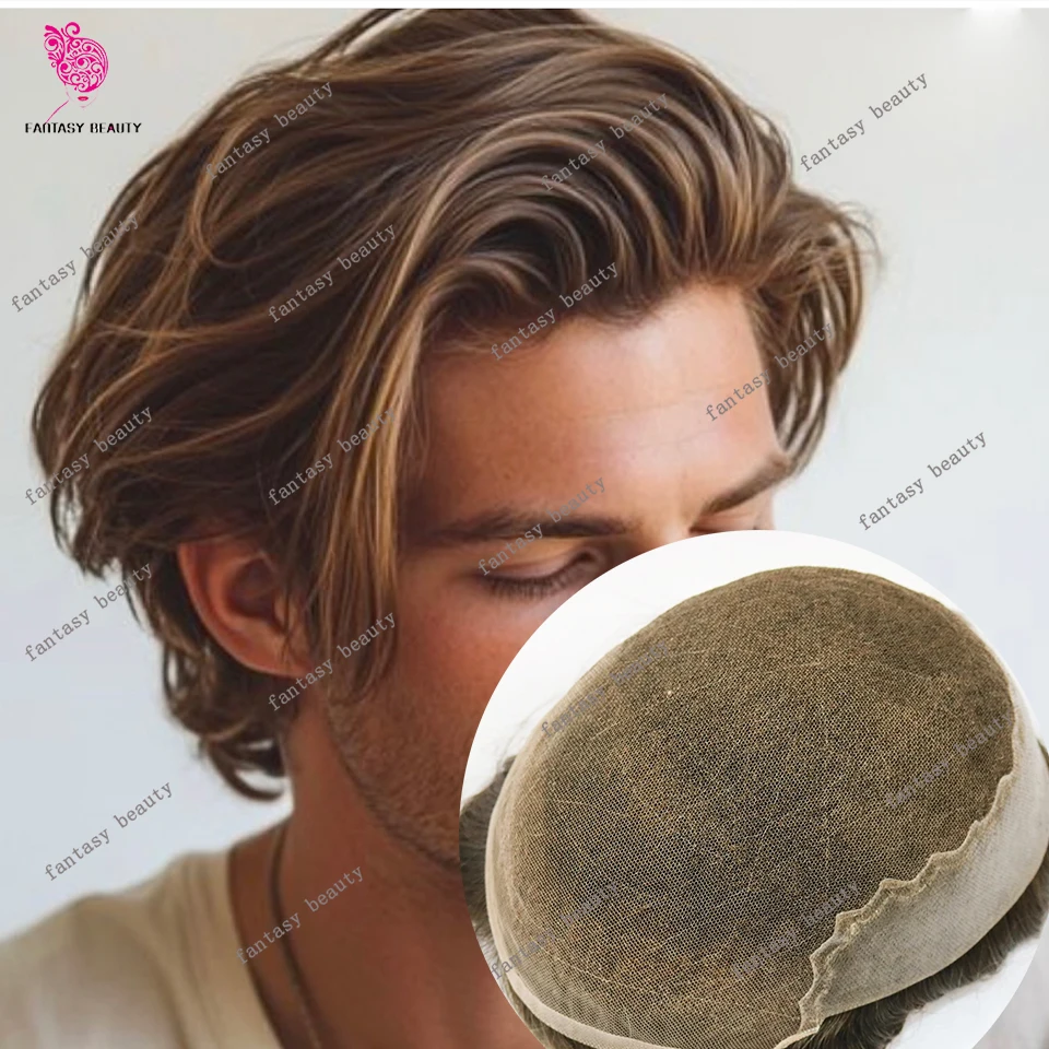 

Ash Blonde #22r Men Human Hair Breathable Natural Hairline Bleached Knots Durable Q6 Swiss Lace Front&PU Skin Toupee Wig for Man