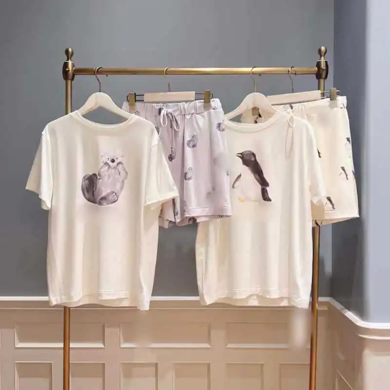 summer-soft-plush-women's-sleepwear-short-sleeve-shorts-printed-bear-leopard-design-home-clothes-outdoor-wearable-pajamas-set