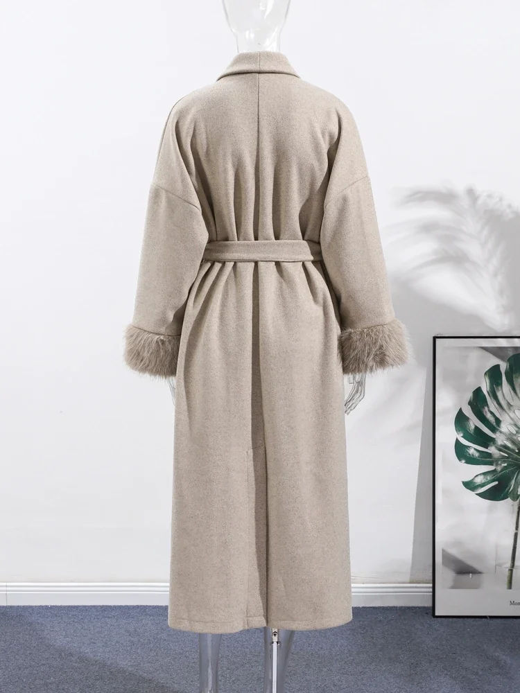 2025 frauen Winter Lange Spitze Up Mäntel Straße Büro Dame Chic Oberbekleidung Mode Patchwork Faux Pelz Hülse Woolen Jacke Mit Gürtel