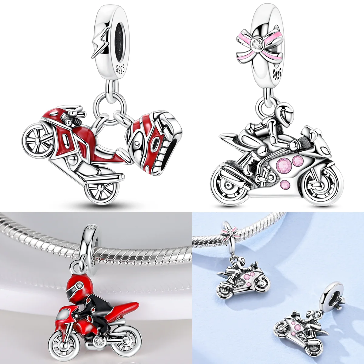 

Подвеска-шарм «Девушка на мотоцикле» из серебра 925 пробы с фианитами, красный мотоциклетный гонщик, для оригинальных браслетов, подарок для самостоятельного изготовления украшений