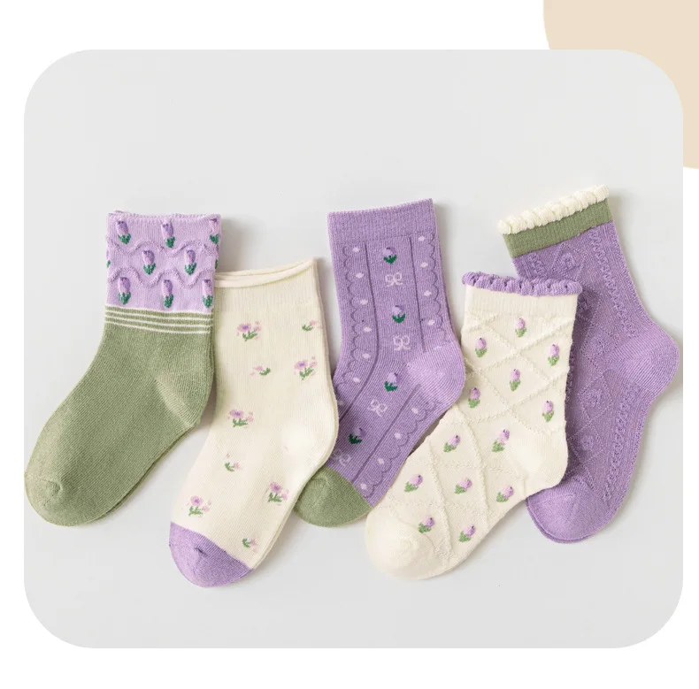 Mädchen-Baumwollsocken, Frühlings-Rüschensocken, lila Blumenmuster-Socken mit Schleife, 5 Paar, mittelhohe Socken, 1–12 Jahre, Baumwollsocken für Kinder. – Detail 6