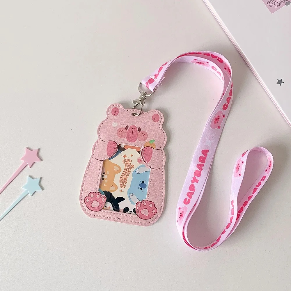 

New Cartoon Animal Card Holder With Lanyard Badge Holder Photocard Holder PU Leather Waterproof Photo Protector Case