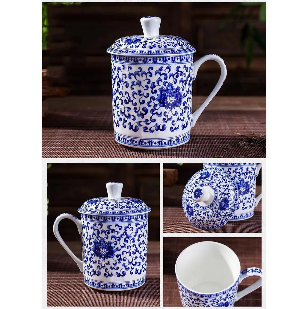 Blue And White Tea Cup With Lid Dragon Bone China Ceramic Cup Cover Jingdezhen Coffee Mug Handle 500ml Loose Leaf