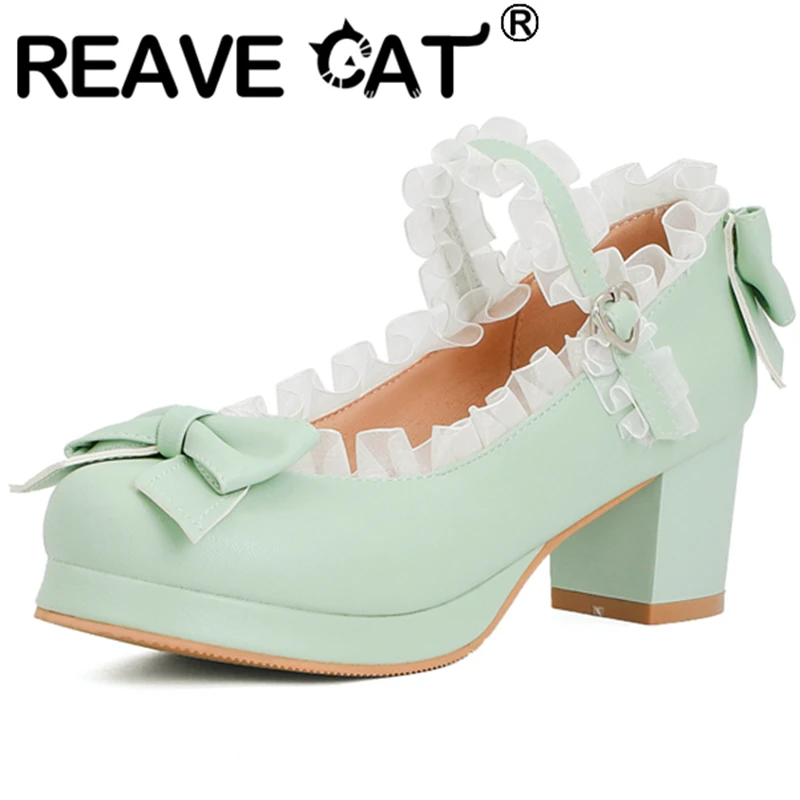 REAVE CAT Janes Pumps Cute Lace Pearl Bowtie Princess Lolita 6CM High Heel Ankle Buckle Strap Cosplay Big size 32-48