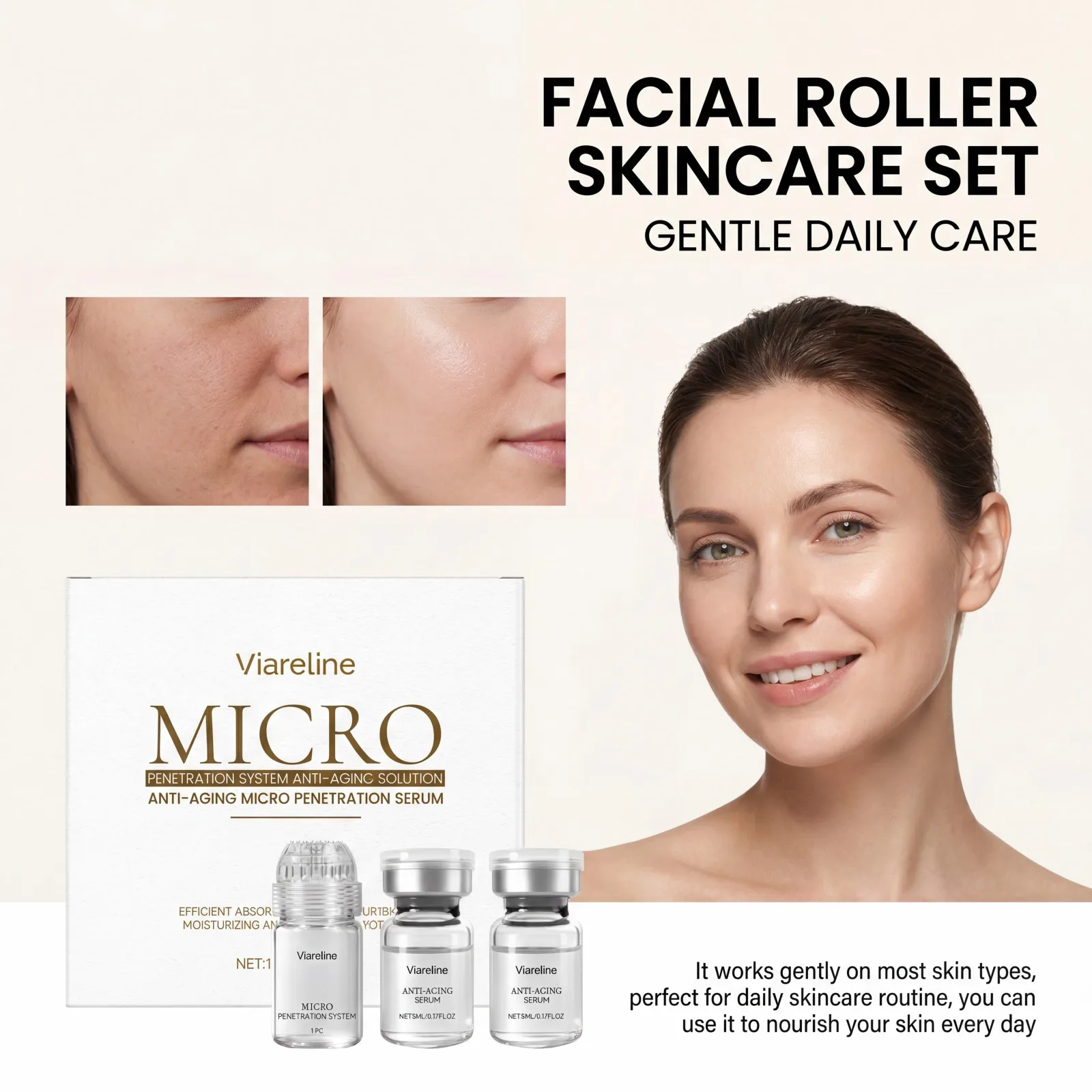 Collagen 0.2mm Microneedle Serum Set Hydrating Firming Smoothing Facial Roller Serum Pro Home Beauty Care Kit Glowing Skincare
