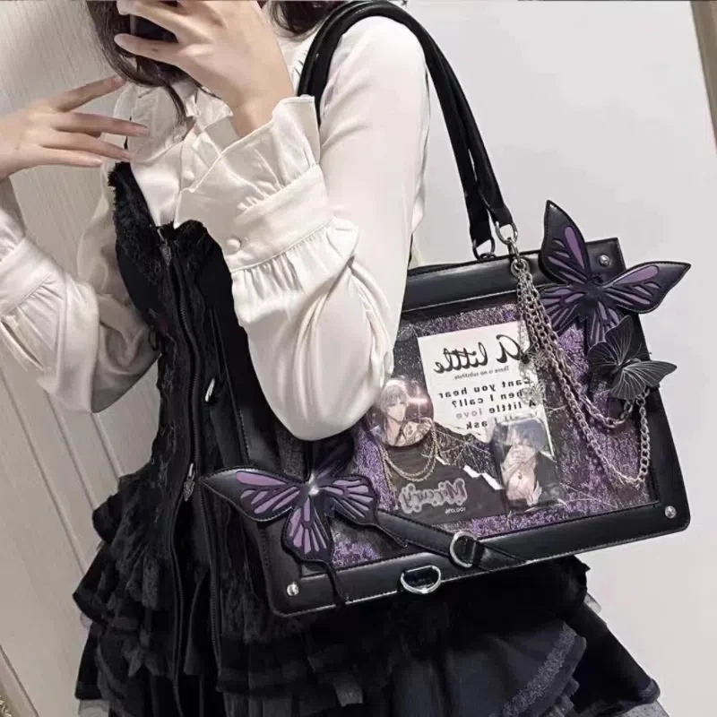 Lolita Women Shoulder Bags Fashion New E Girl DIY Transparent Ita Bags Gothic Punk Chains Butterfly Messenger Bolso Mujer