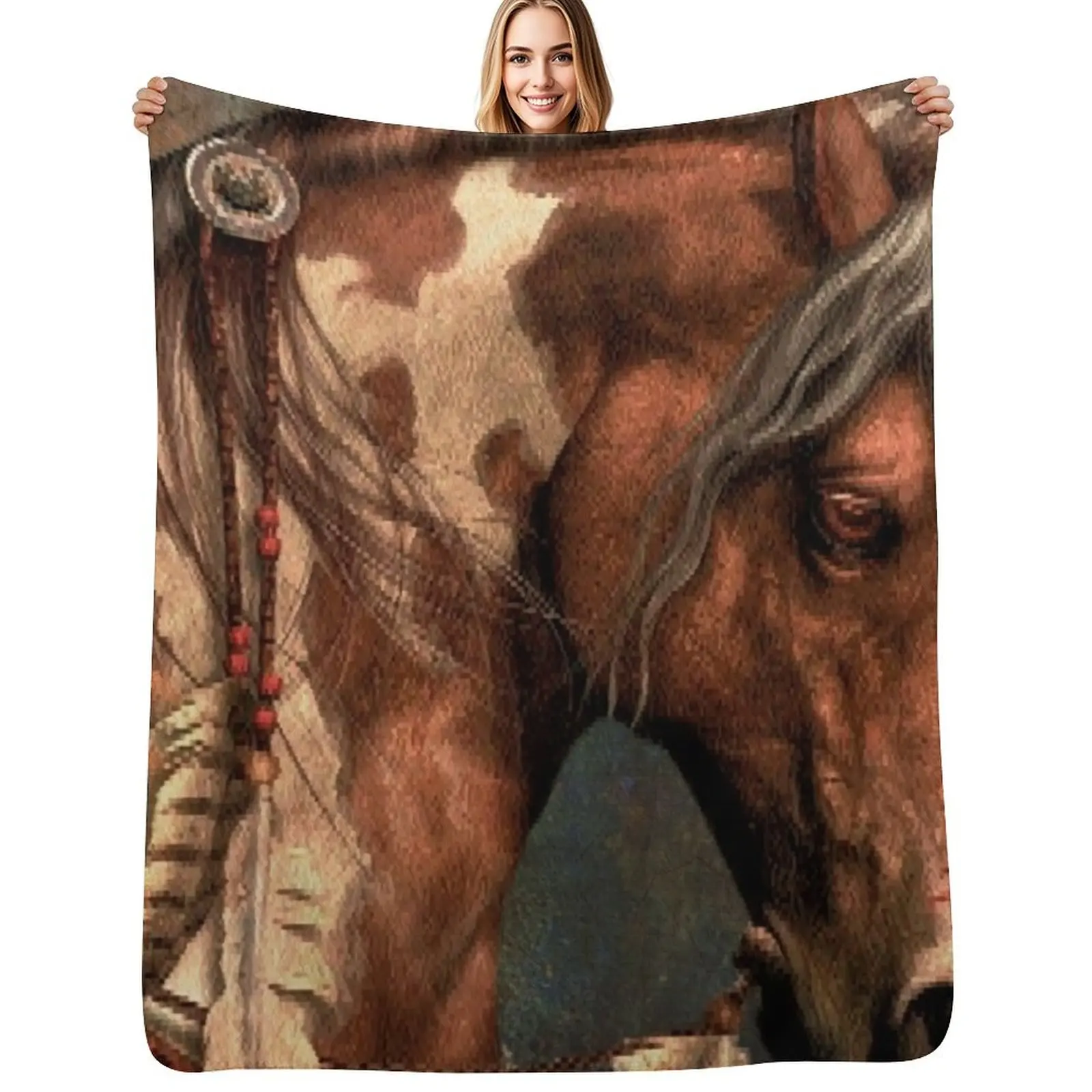 

War Horse - Native American Painted Horse Throw Blanket Sleeping Bag Luxury St Flannels Sofa Quilt Blankets