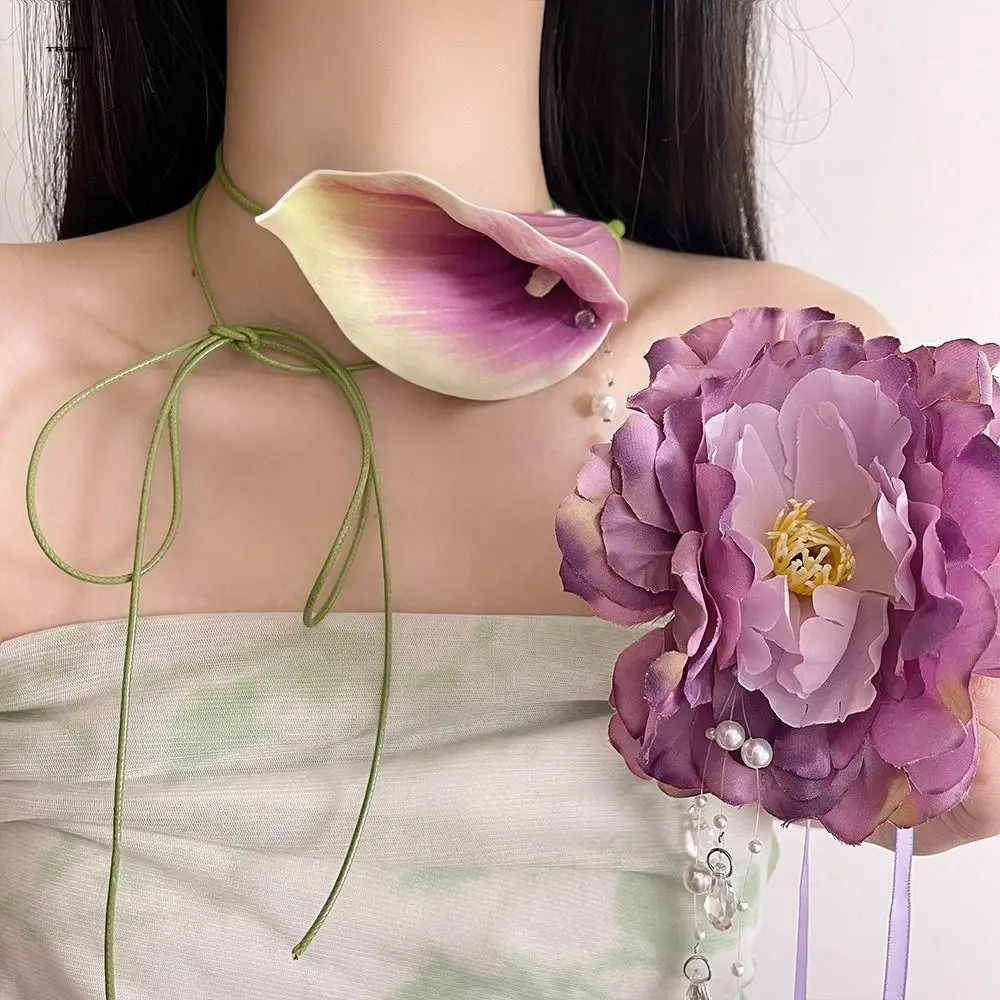

Korean Style Zantedeschia Necklace Pearl Tassel Adjustable Rope Sweet Flower Choker Pendant Lace Up Floral Clavicle Chain Women