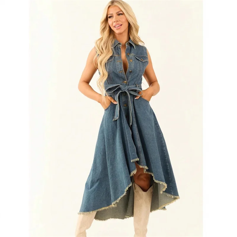 

Denim Dresses For Women Sleeveless Sexy Irregular Girl Fashion A-Line Long Tunic Dress Lady Lace-Up Female Jeans Clothes