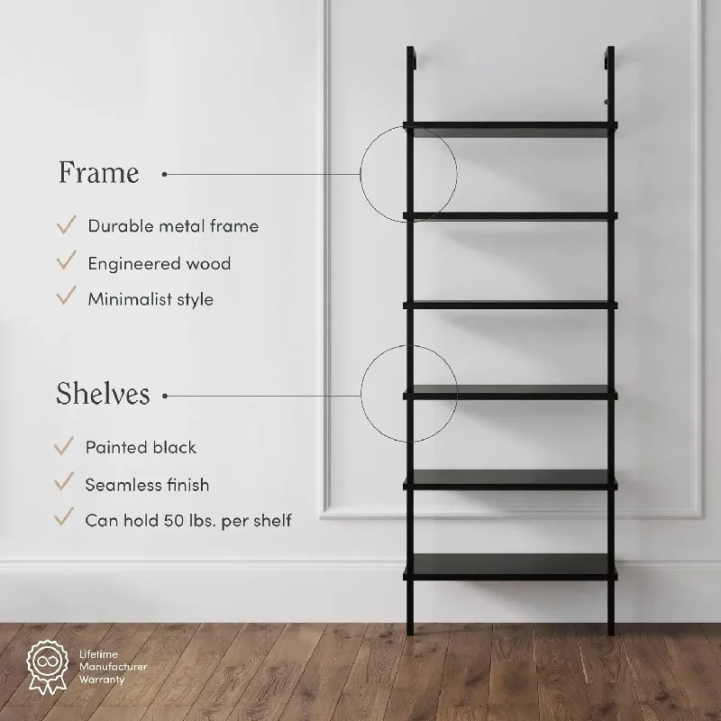 Nathan James Tall Bookcase Wall Mount Bookshelf Wood Shelves and Metal Frame Matte Black libreria scaffale home furniture