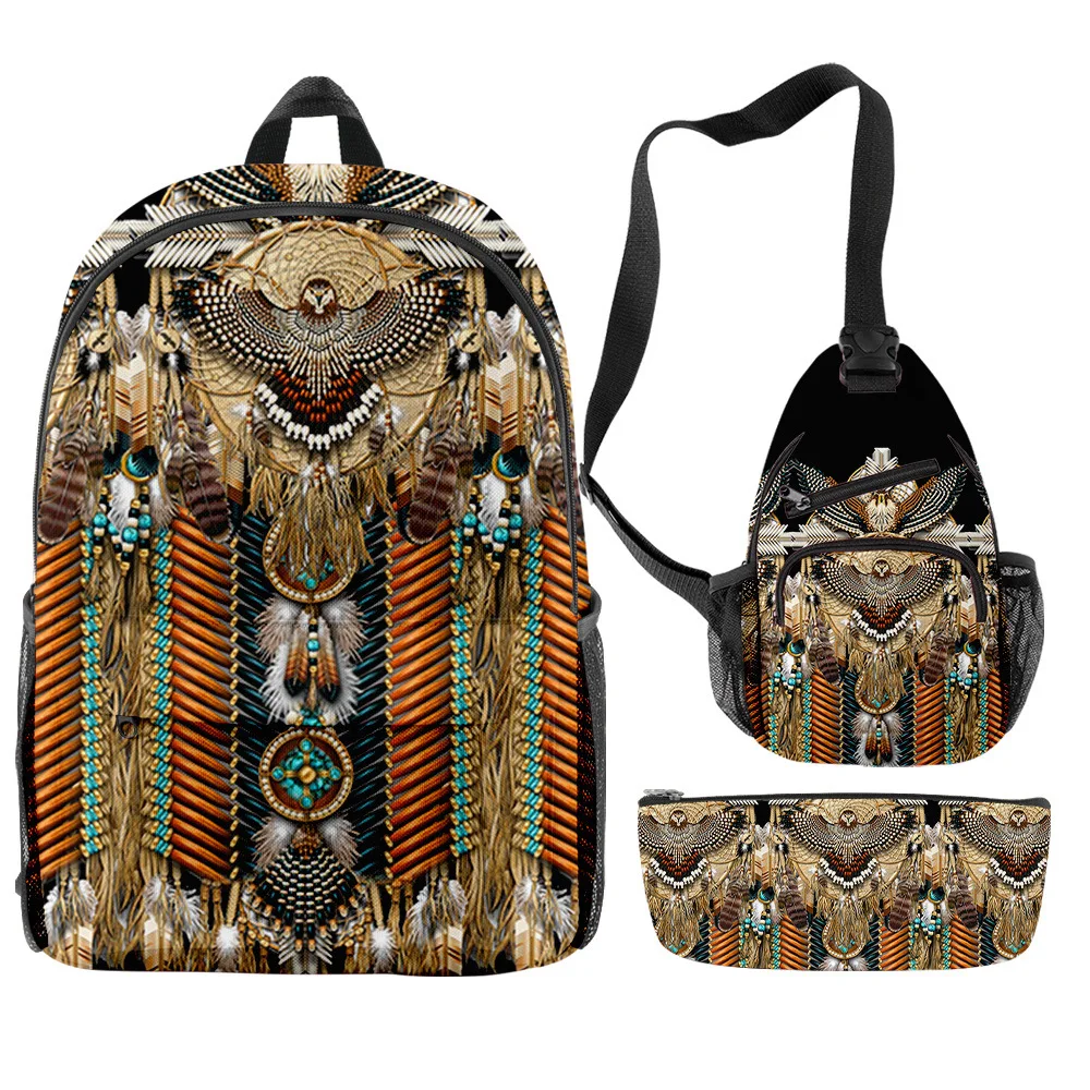 

2026 New Native American 3-piece/set backpack 3D printed backpack travel laptop backpack chest pocket pencil case