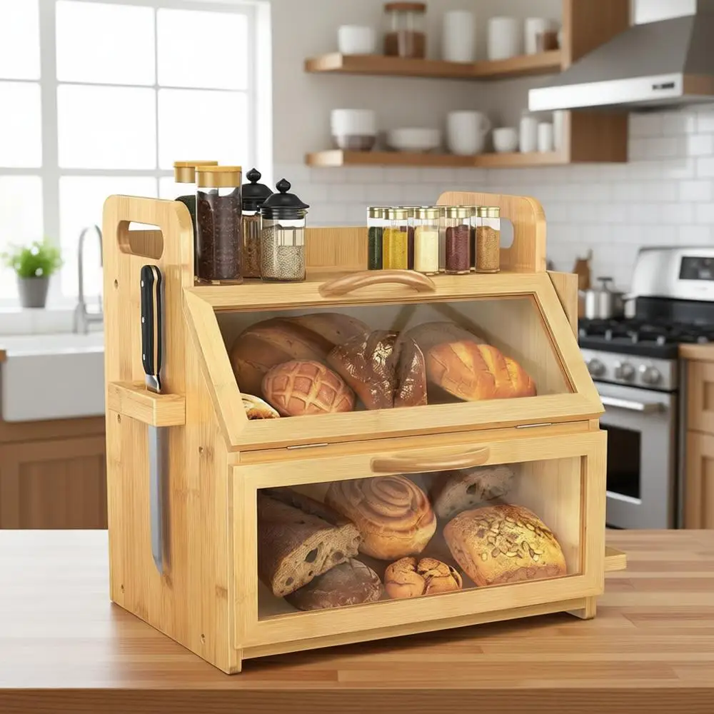 

Natural Bamboo Double Layer Bread Box with Tool Holder, Handles, and Window - 14.9 x 11 x 15.3