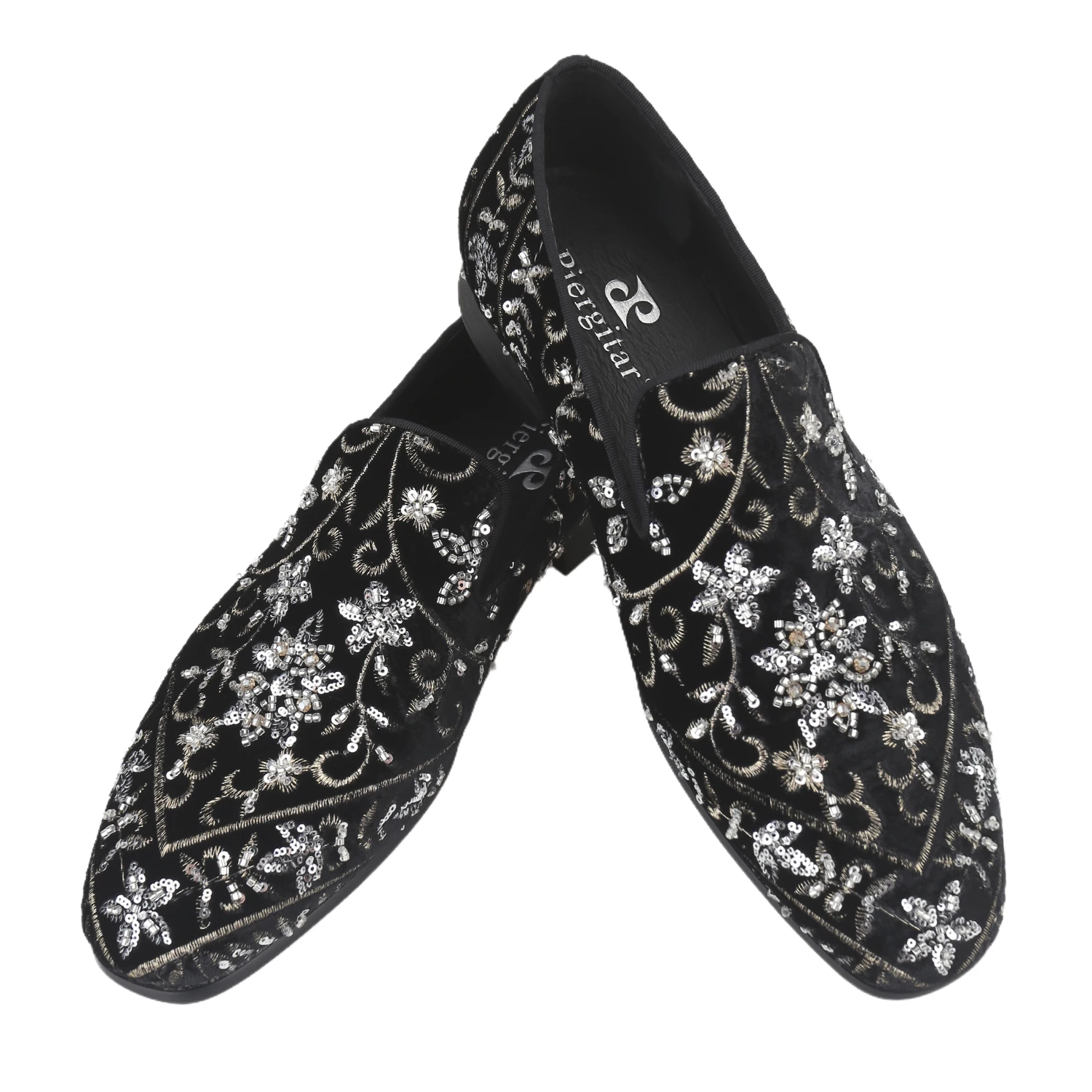 Piergitar Baroque Style Handmade embroidered Sequins Of Mulberry Silk Velvet Gentleman's Loafers Haute Couture Men Slip-On Shoes