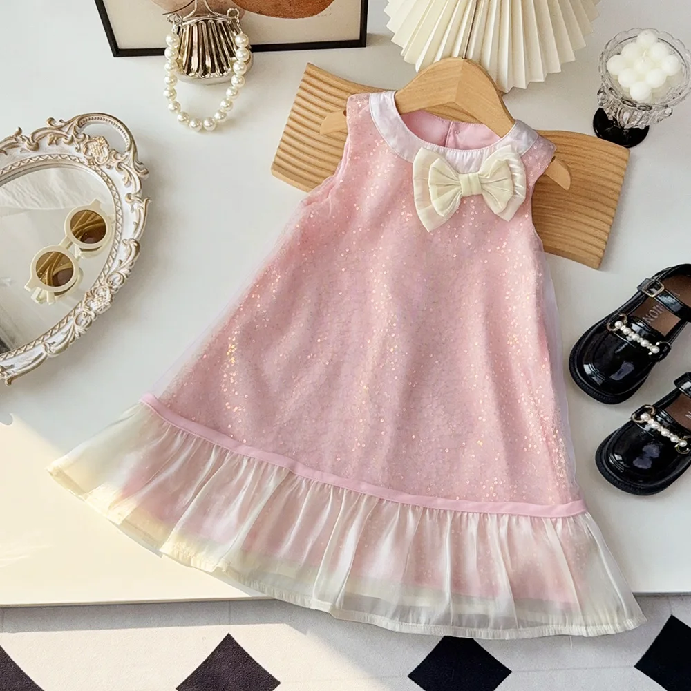 Sweet and Lovely Pink Party Princess Dress Summer New Bow Sequin Sleeveless Girls' Dresses Birthday Children's Clothing