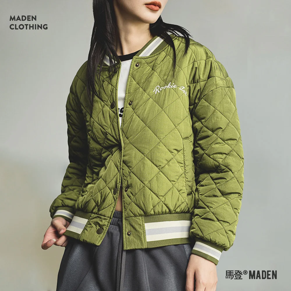 Maden New Retro Spliced Green Cotton-padded Jacket Diamond-quilted Baseball Jacket Warm Women's Autumn and Winter Street Coat