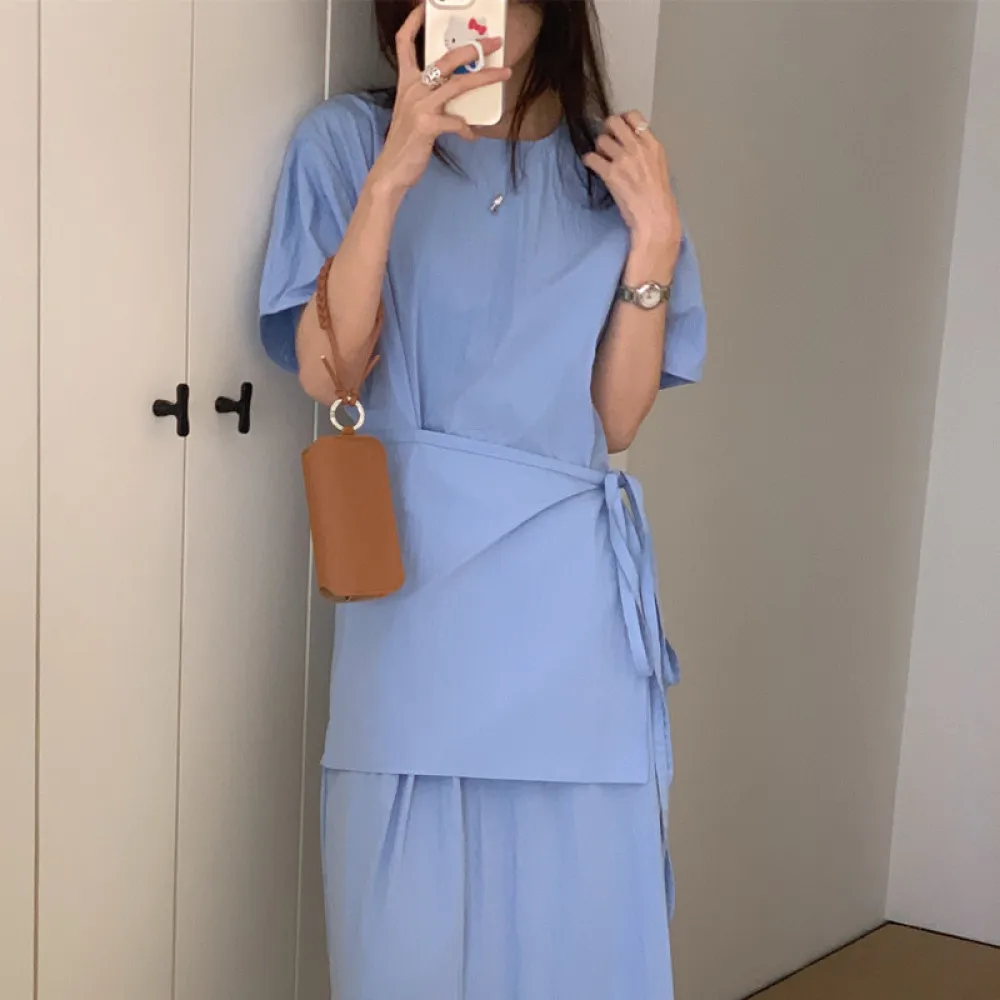 

Women's Summer Fake Two Piece Bandage Long Wrap Dress Short Sleeve Blue Pullover Maxi Sundress Female 2024