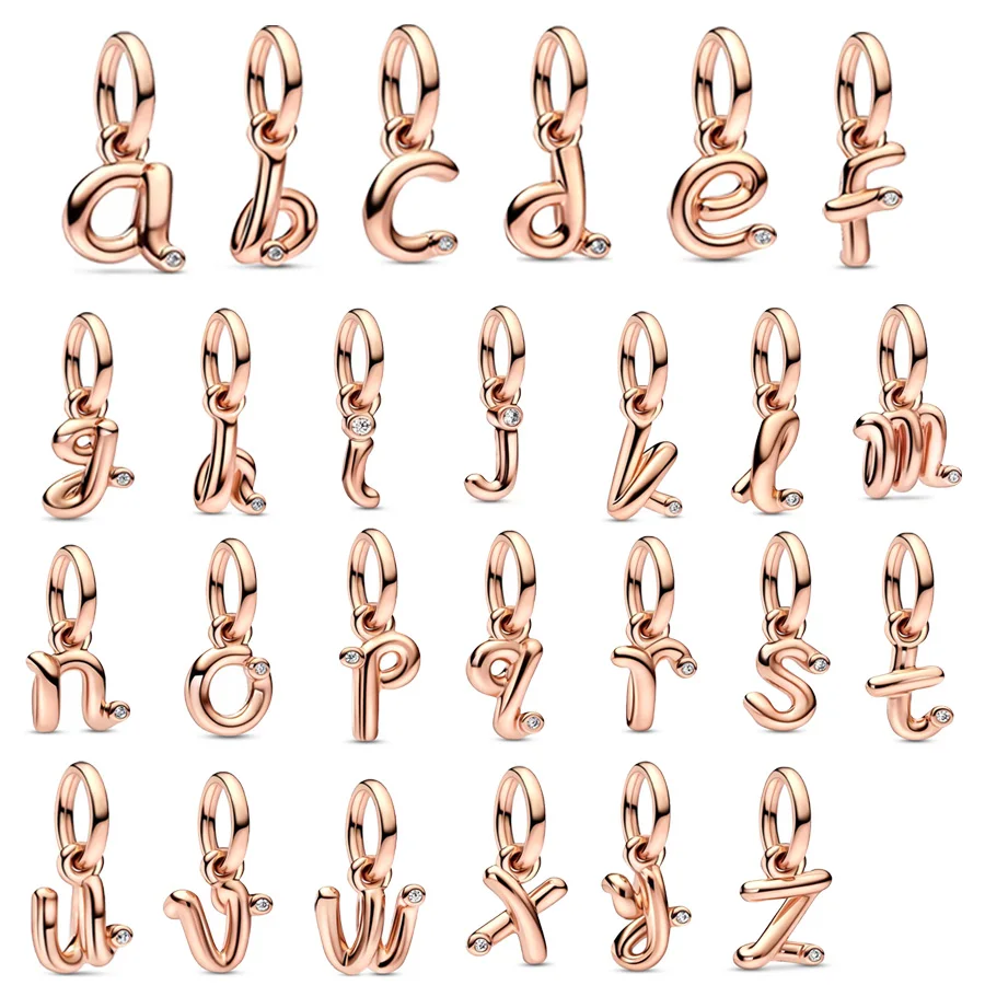 

Fit Original 925 Sterling Silver Bracelet Rose Gold Plated Letter A-Z Script Alphabet Dangle Charms Beads DIY Women Jewelry Gift