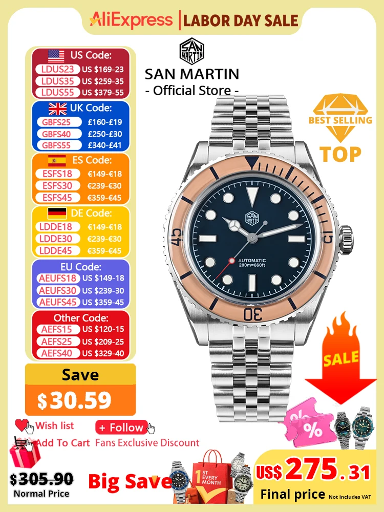 San Martin Vintage Luxury Men Dive Watch 40mm NH35 Automatic Mechanical Sapphire Bezel J-type Bracelet Waterproof 200m SN0133