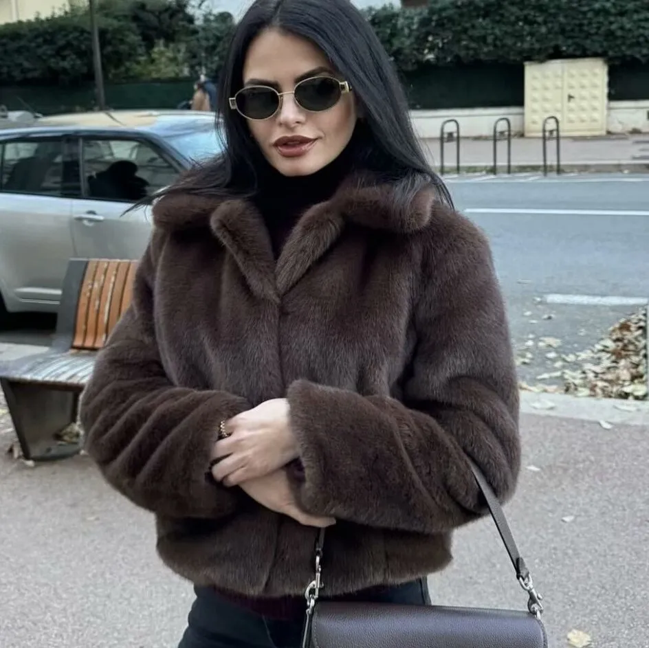 Manteaux en fausse fourrure de vison pour femmes, vestes courtes en fourrure solide, col rabattu, manches longues, point ouvert, épais, ample, décontracté, automne hiver 2025