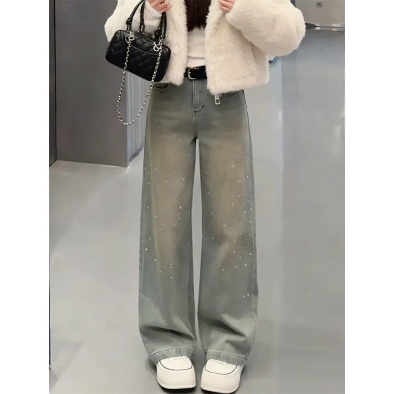 

Blue Shiny Star River Rhinestone Wide Leg Denim Jeans Women's Loose Fleece Straight Floor-Length Pants Spring Autumn New Style