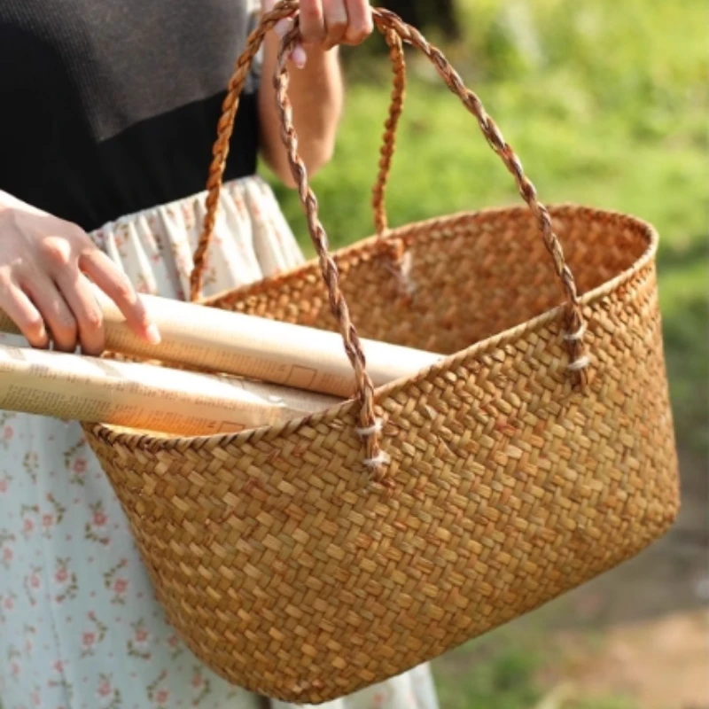 大きな天然草の手織りトートバッグ、クリエイティブな家庭用食料品バスケット、カントリーピクニックペットキャリアバスケット、手作り