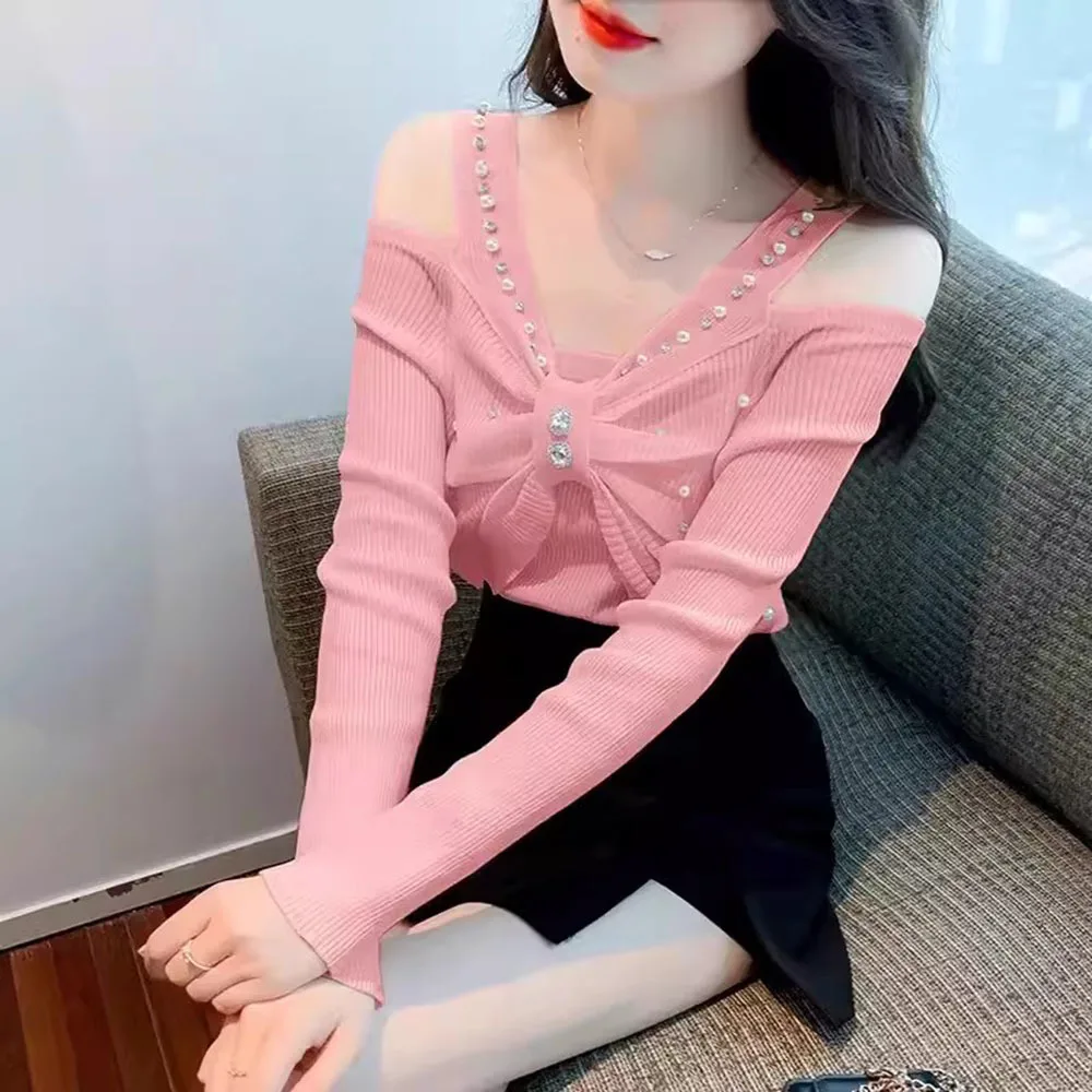 2024 Spring Summer New Fashion V-Neck Pullovers Ladies Diamonds Bow Off Shoulder Sweaters Women\'s Clothing Slim Korean Knit Tops