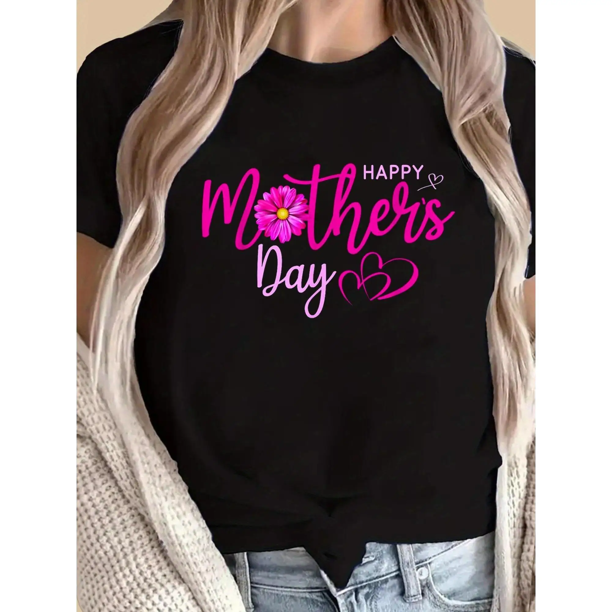 

Happy Mother's Day 2025 Women's T-Shirt - Floral Heart Graphic Print 100% Casual Short Sleeve Top, Lightweight Round Neck Sprin