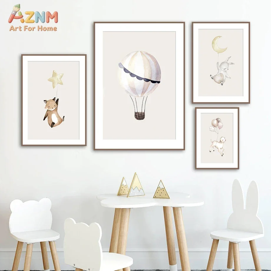 AZNM Watercolor Cartoon Animal Canvas Wall Art Fox Rabbit Lamb Hot Air Balloon Moon Star Print Unframed Canvas Soft Neutral Nurs