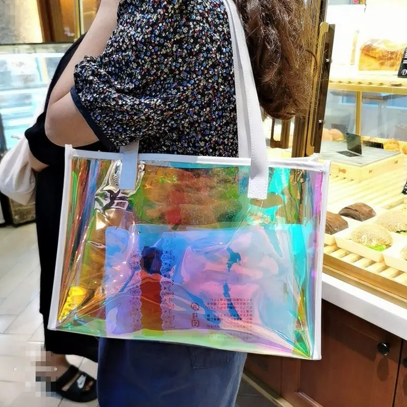 

High Capacity Shoulder Bag Women's Oblique Straddle Handbag New Laser Colorful Transparent Waterproof Chain Street Jelly Bag