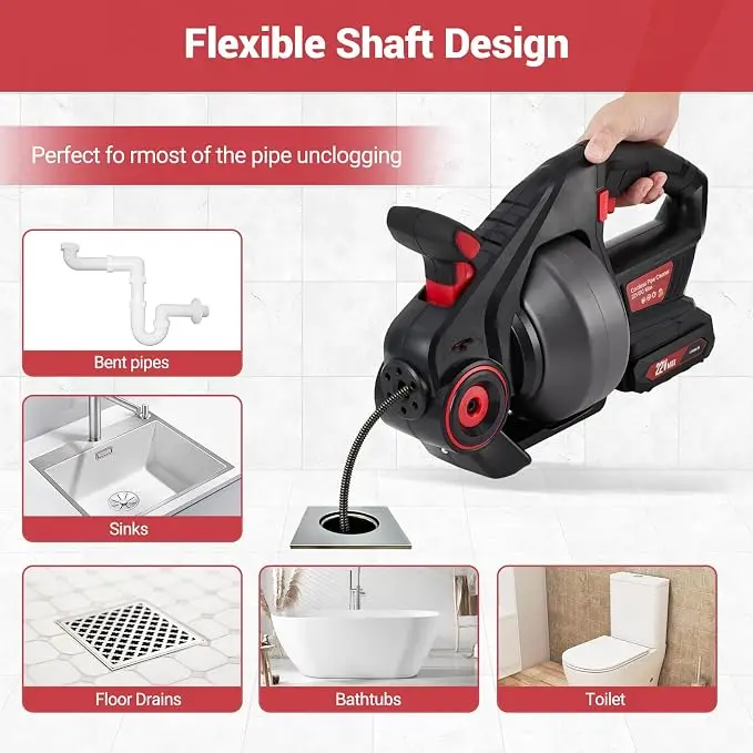 22V Electric Drain Auger, Auger-Efficient 25Ft Auto-Feed Drain Snake,2.0Ah Battery,Charger,Storage Bag & Gloves for Kitchen,Bathroom,Shower Pipes view 3