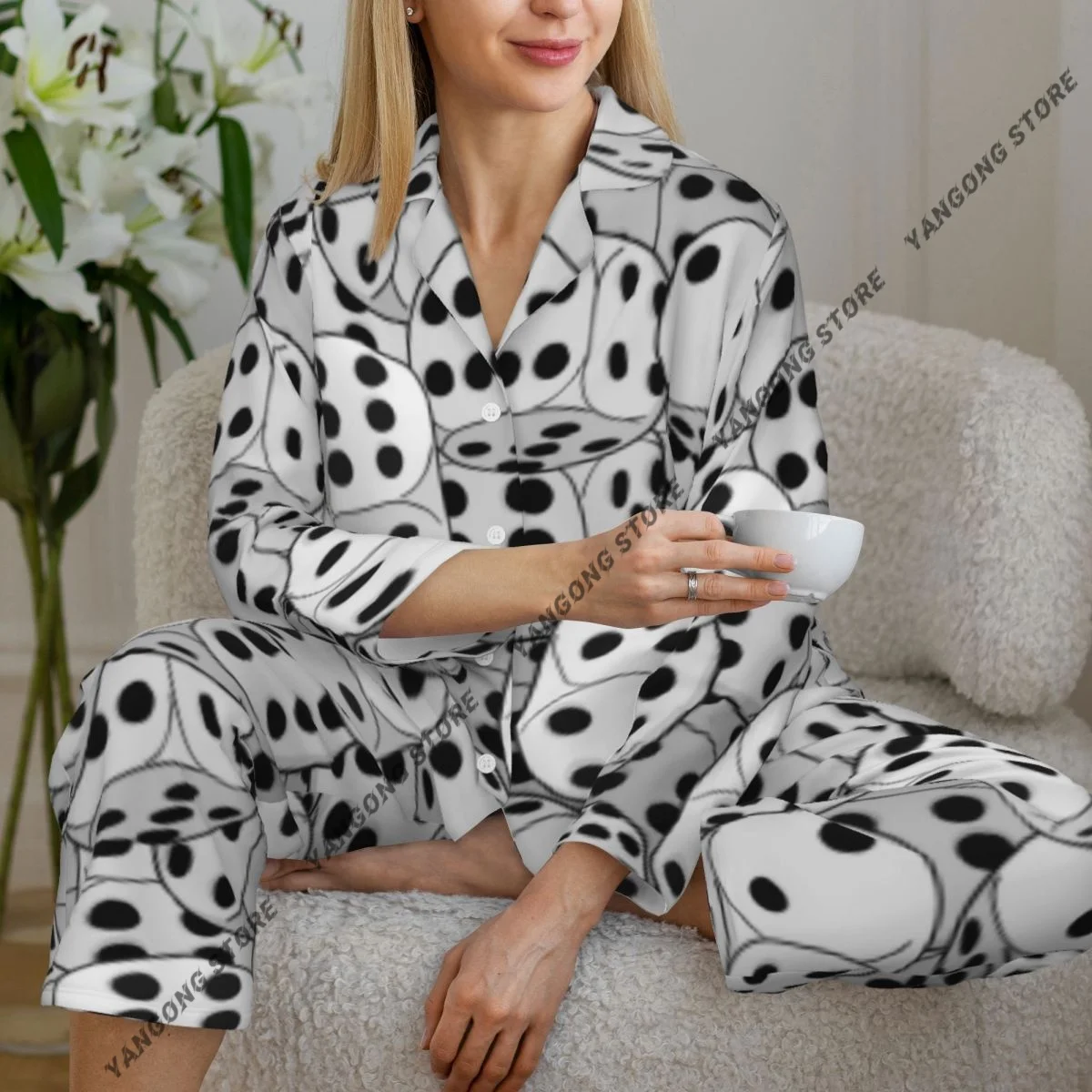 

Spring and Autumn Pajama Set Women's Long Sleeve Pants Two Piece Dices Monochromic Chaotic Crowded Gaming Home Furnishing Set