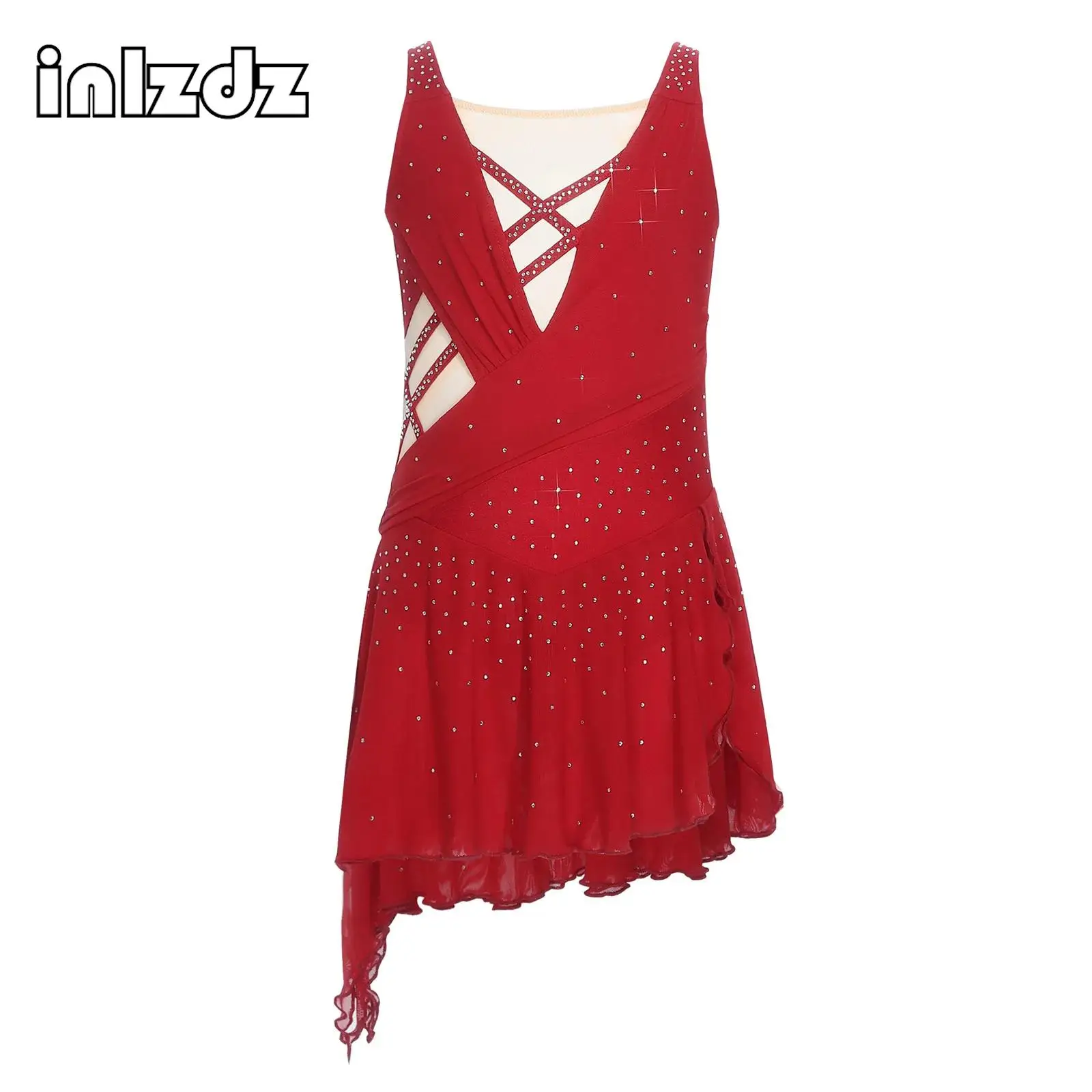 

Shiny Rhinestones Ballet Dance Dress Kids Girl Lyrical Modern Dance Costume Sheer Mesh Sleeveless Asymmetrical Hem Leotard Dress