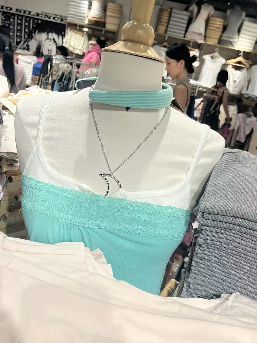Mint Green Lace Trim Tube Women Summer Casual Simple Basic Cotton Soft Slim Strapless Tops Sweet Cute Preppy Style Camisole Y2K