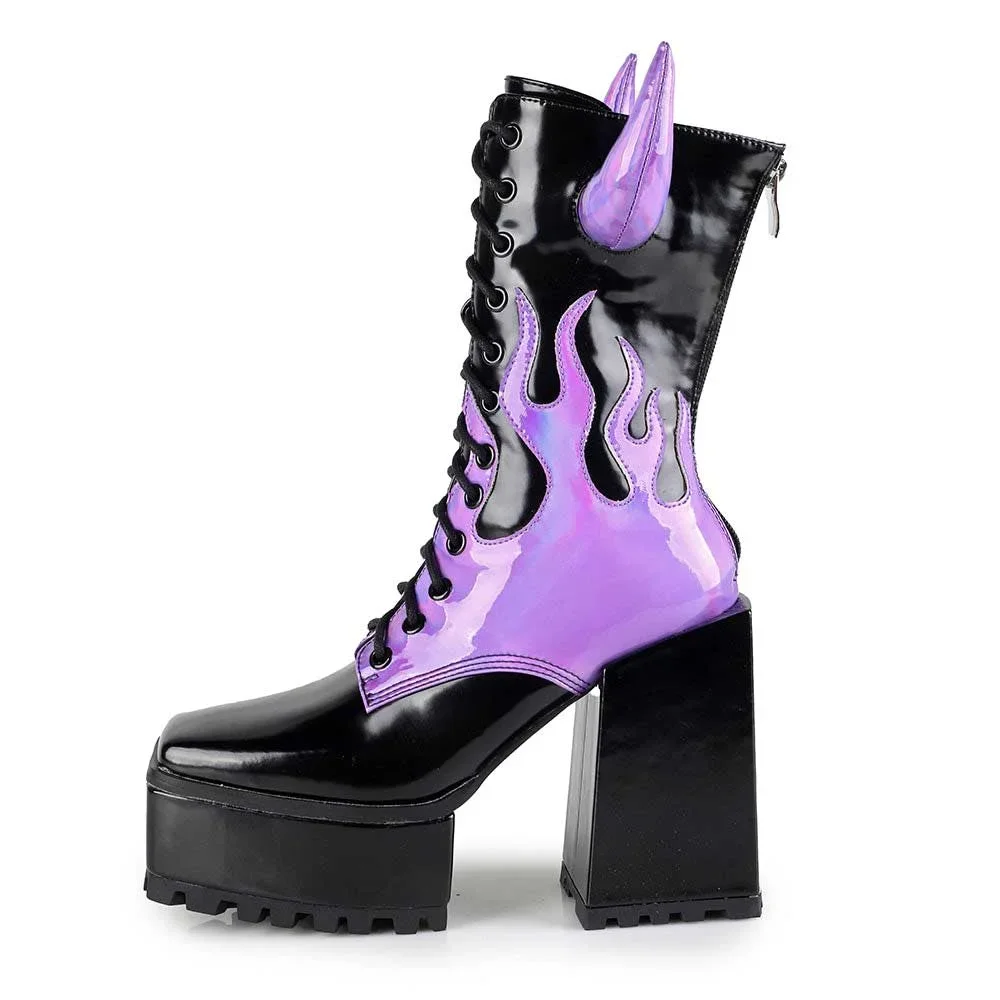 

Black & Purple Flame Square Toe Lace Up Chunky Heel Platform Booties