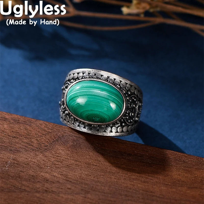 

Uglyless Exaggerated Big Malachite Rings Fashion Women Exotic Island Stylish Wide Rings Hotan Jade Gemstones Jewelry 925 Silver