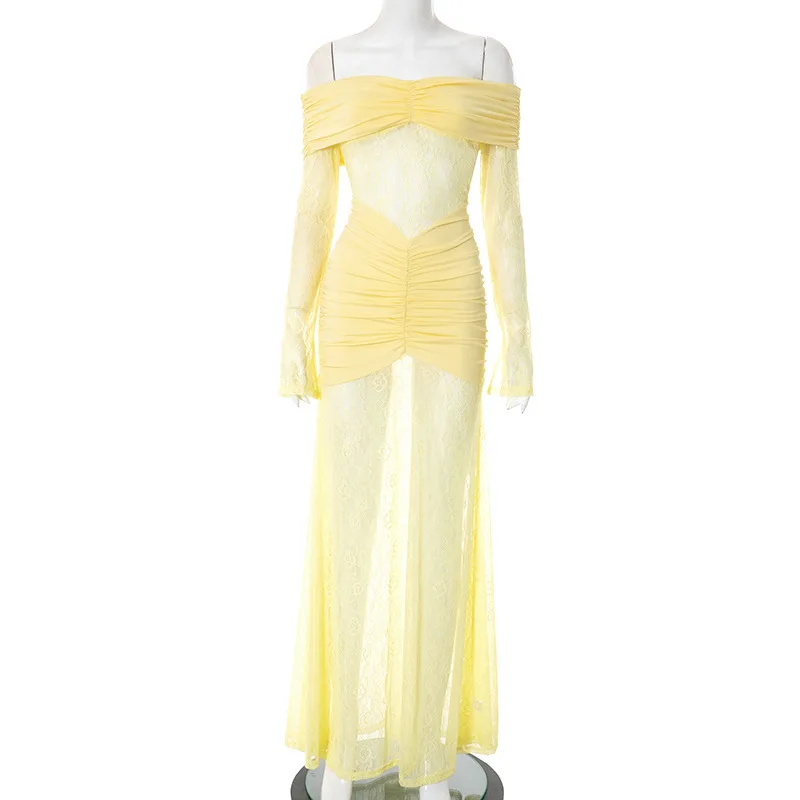 DSMTRC Women Fashion Lace Mesh Sheer Robe Off-shoulder Long Sleeve Sexy Maxi Dress Strapless Backless Bodycon Club Party Dresses