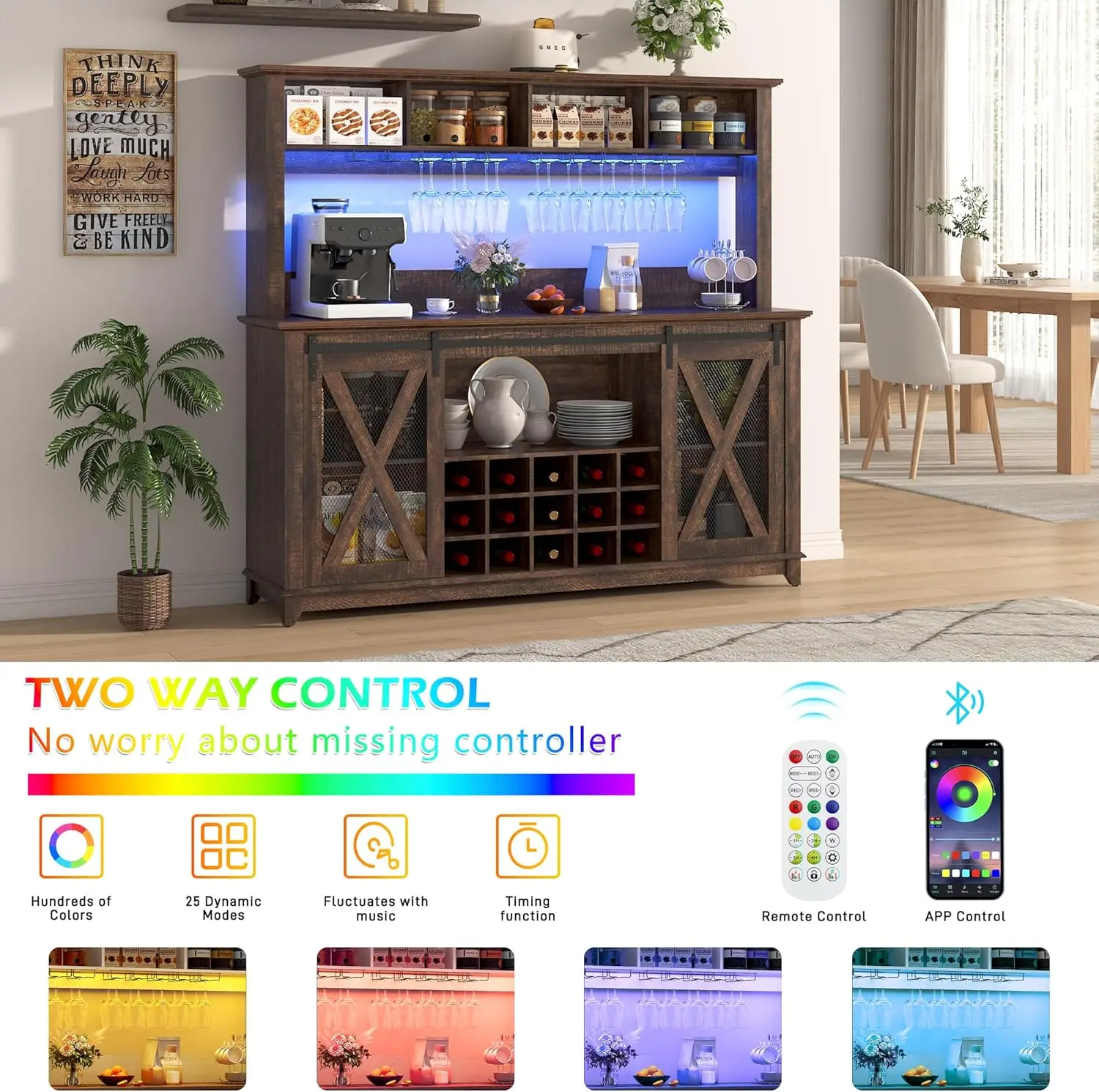 Szafka barowa w stylu farmhouse 63'W z oświetleniem LED i przesuwanymi drzwiami stodołowymi, brązowa