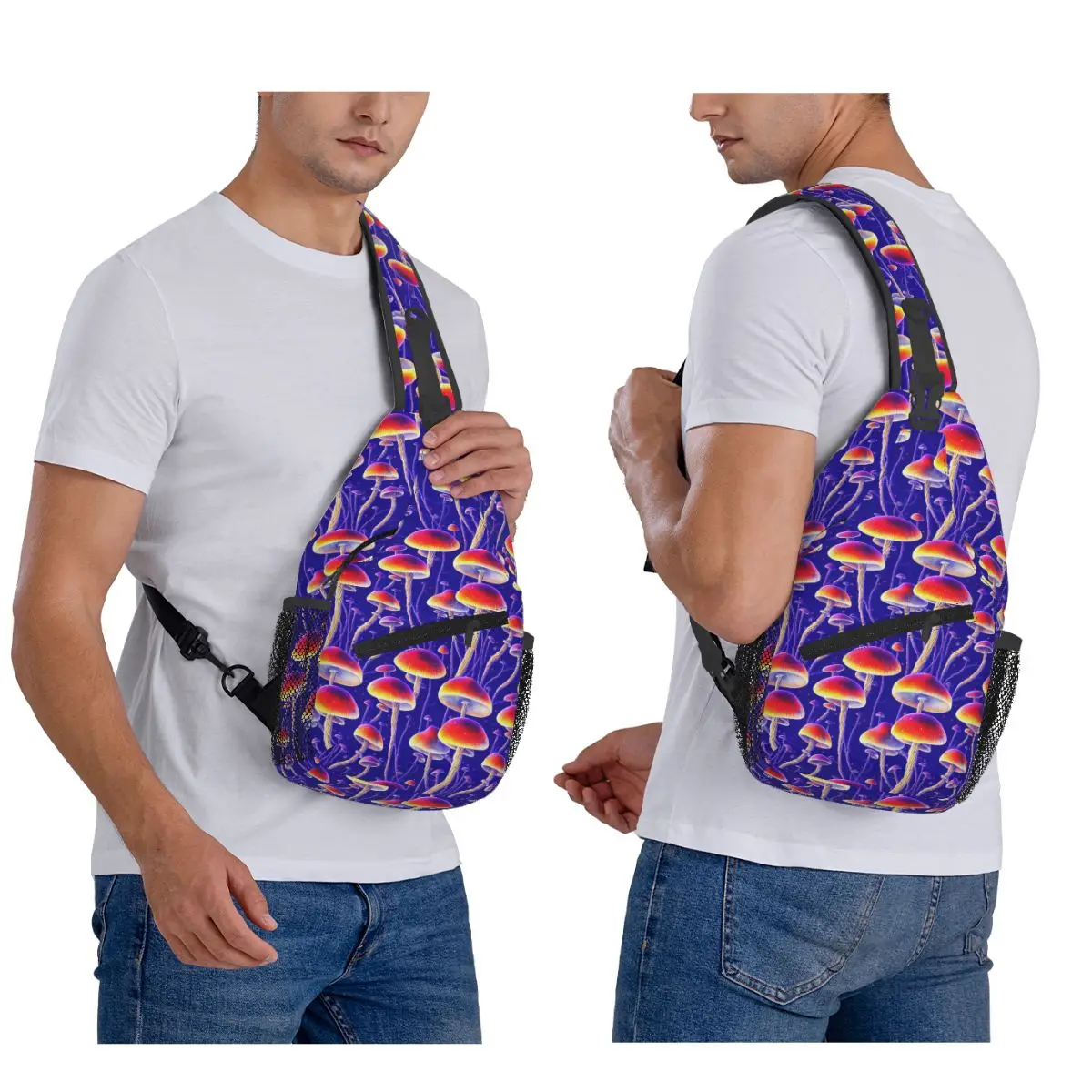 Magic Mushrooms Pattern Design Chest Bag Men Sling Crossbody Backpack Chest Bag Travel Hiking Daypack Shoulder Bag