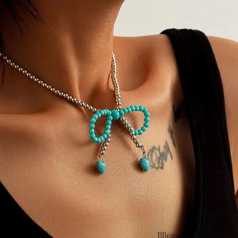 قلادة سلسلة ذوي الياقات الرجعية الكلاسيكية مزين بتصميم قلب القوس وحجر الفيروز للتفصيل يوميًا #4