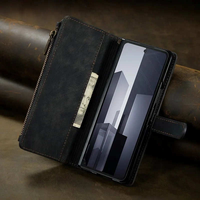 Side Magnetic Buckle Flip Wallet Card Slots Phone Cover For Samsung Galaxy Z Fold6/Z Fold 5 Leather Protective Case With Lanyard