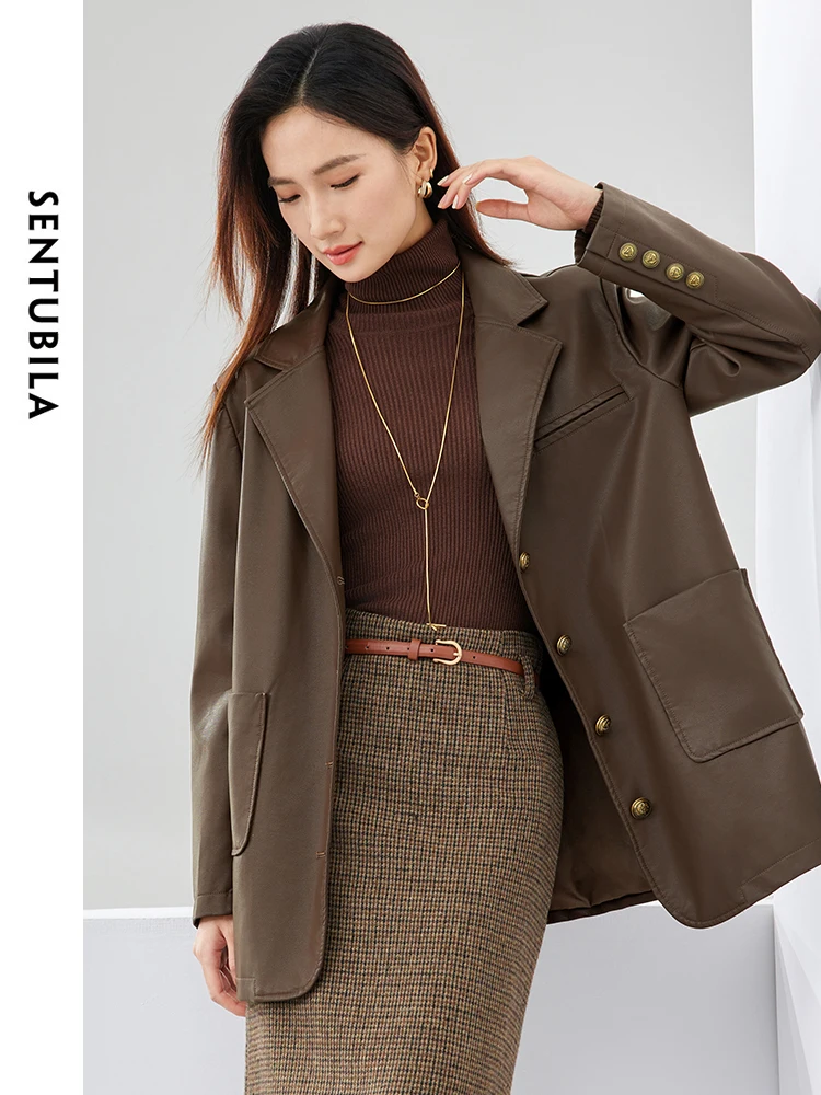 SENTUBILA Pu Leather Blazer Jackets Women Outerwear 2024 Fall Retro Straight-cut Notched Pockets Autumn Winter Coat W41G52633