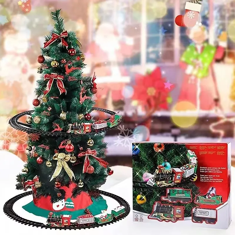 Nuovo treno ferroviario a batteria con suono e luce, giocattoli per auto ferroviarie, treno di Natale, decorazione per albero, pista, giocattoli elettrici per bambini