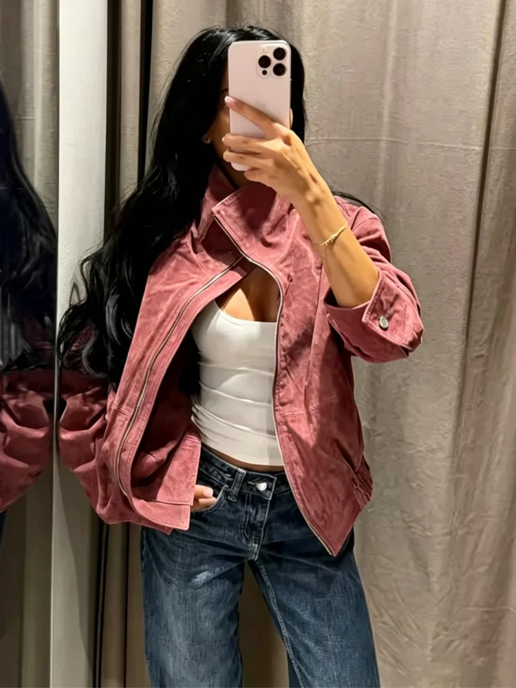 Damen Wildleder Kurze Jacke Locker Vintage Rot Stehkragen Langarm Reißverschluss Mantel 2026 Herbst Winter High Street Damen Oberbekleidung